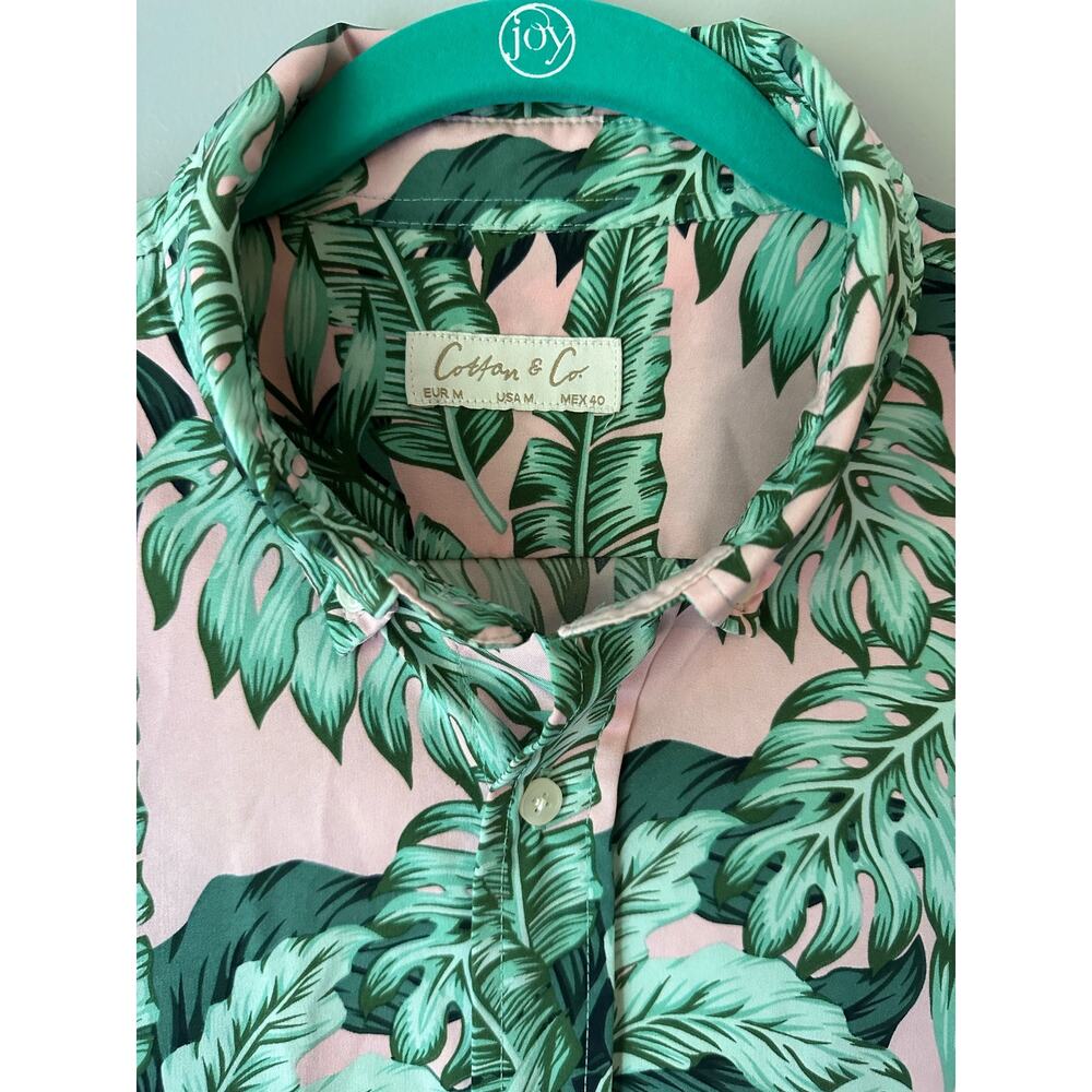 Cotton & Co Summer Palm Leaves Pink and Green Button up shirt, size mens Medium - Picture 3 of 6